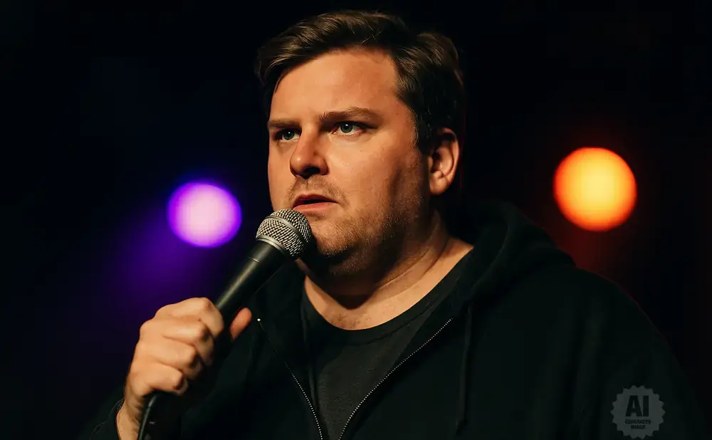 A man with a microphone speaks into it, with purple and orange lights in the background.