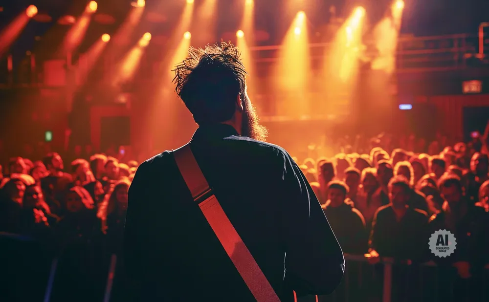 A performer with a beard and a guitar strap is silhouetted against orange stage lights, facing a crowd.