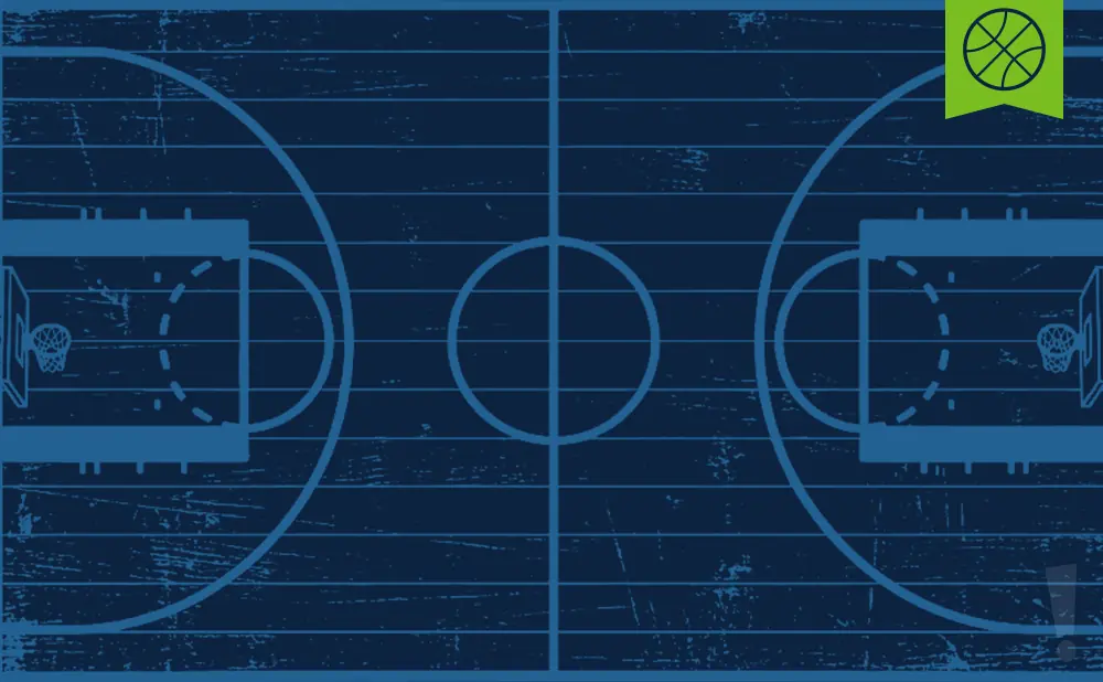 Blueprint of a basketball court with a basketball icon in a green banner.