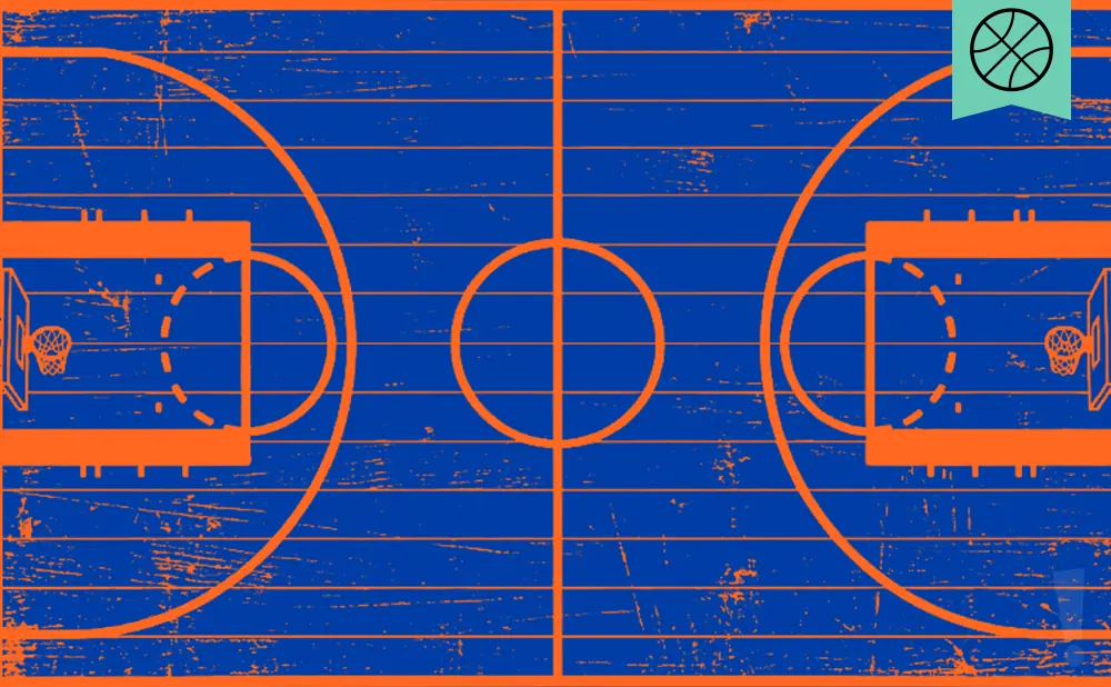 Basketball court with orange lines on a blue, textured background, and a basketball icon in the top right corner.
