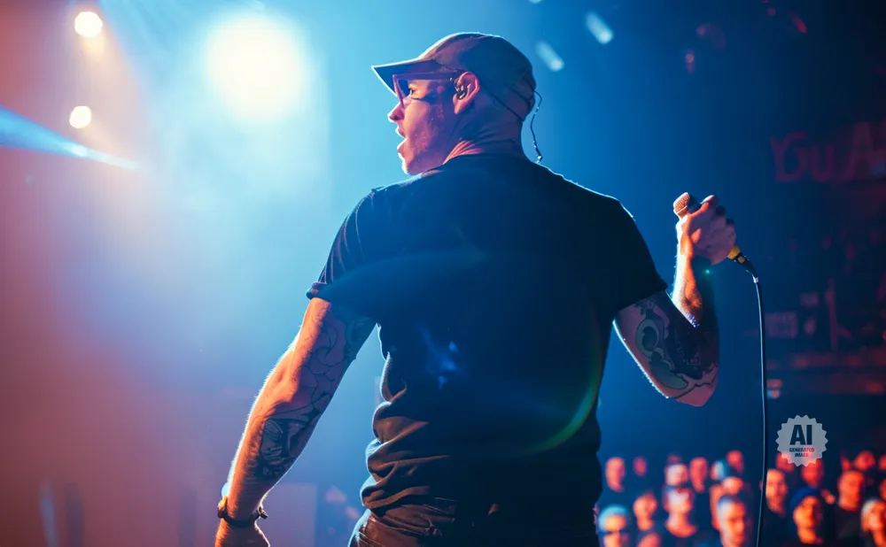 A tattooed man in a cap and sunglasses sings into a microphone on a brightly lit stage.