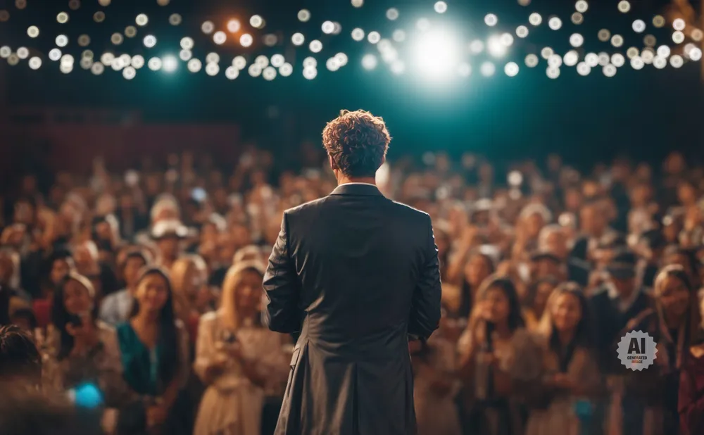 A man in a suit addresses a cheering crowd under stage lights.