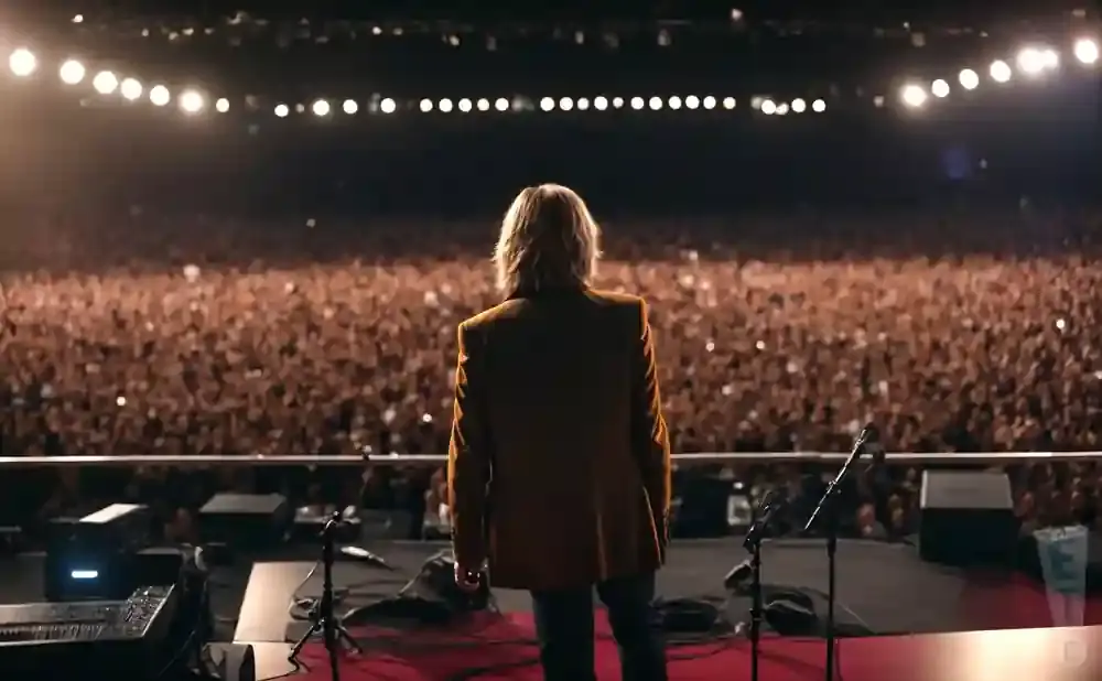 A person with long blonde hair in a brown jacket stands on a stage facing a large, cheering crowd.