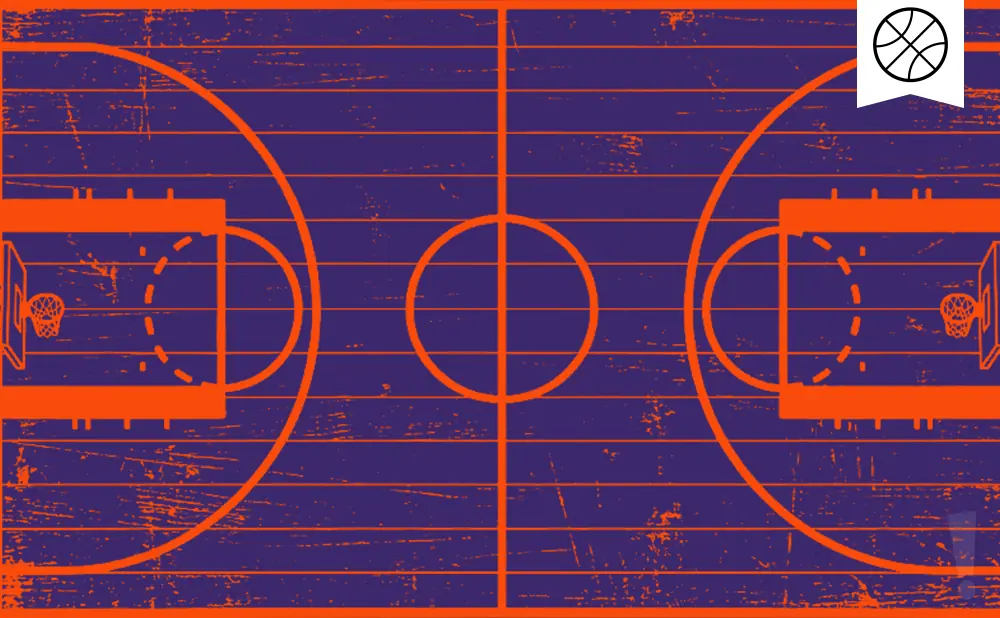 Basketball court lines and baskets on a scratched purple background, with a basketball logo in the upper right.