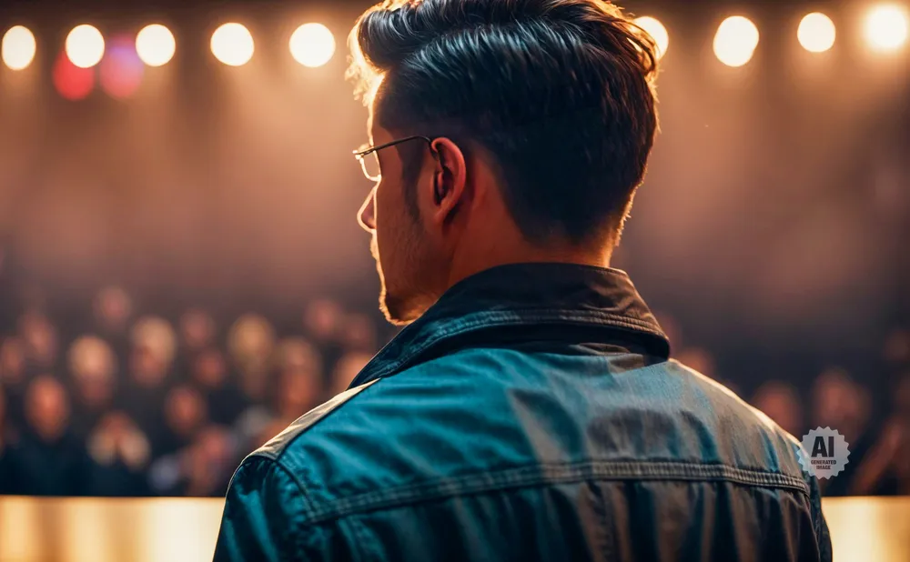Man in leather jacket with glasses, facing away from camera, on stage with audience and spotlights.