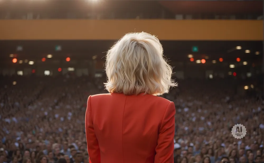A woman with blonde hair in a red jacket faces a large, blurred crowd at a concert or event.