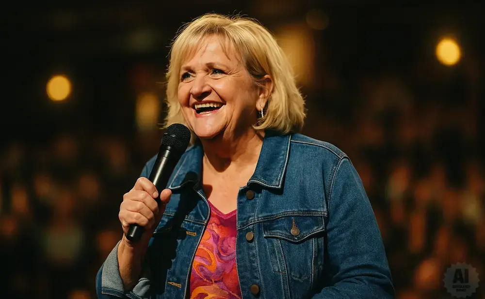 A smiling woman in a denim jacket holds a microphone and speaks into it.