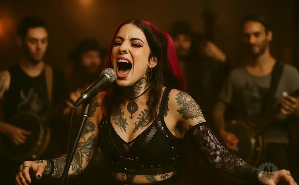 A tattooed female singer belts into a microphone, with a band performing behind her.