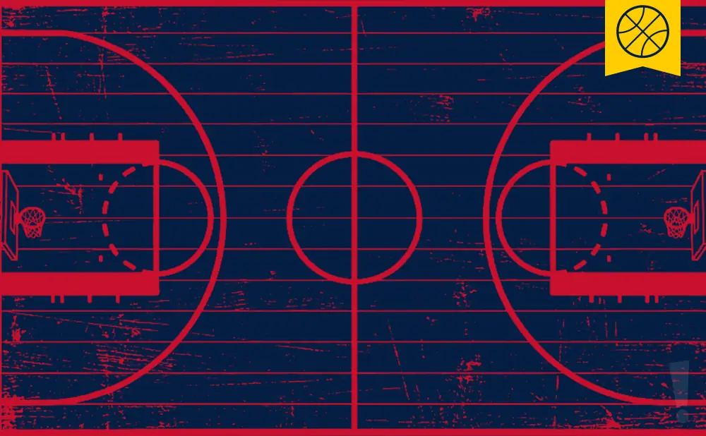 A stylized basketball court with red lines on a dark blue, distressed background. A yellow banner with a basketball icon is in the top right.
