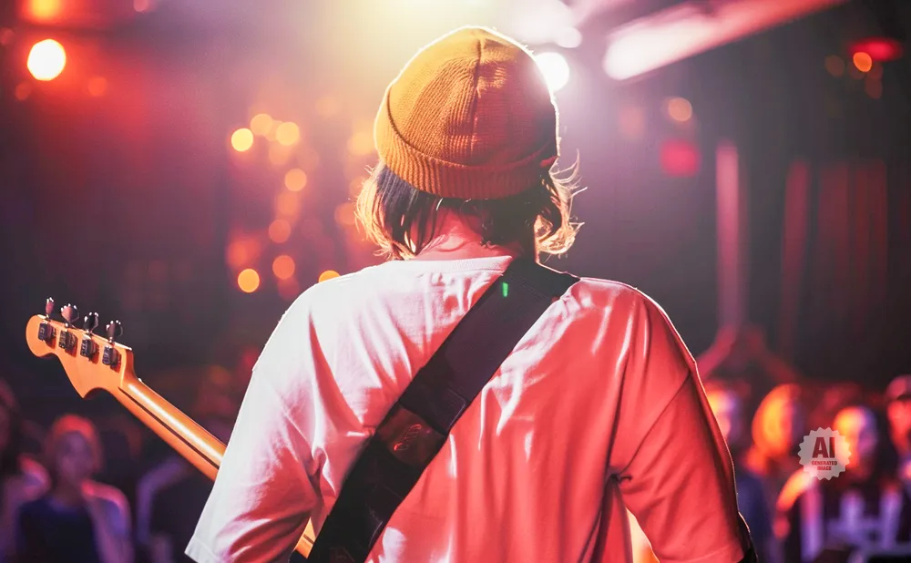 A musician in a beanie plays guitar on stage with colorful lights.