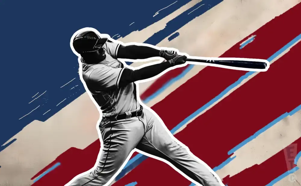 A baseball player swings a bat against a red, white, and blue abstract background resembling the American flag.