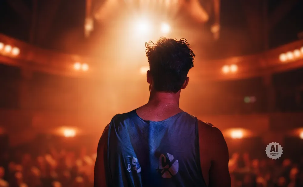 Man in a blue tank top on a stage with warm lighting and a blurred audience.