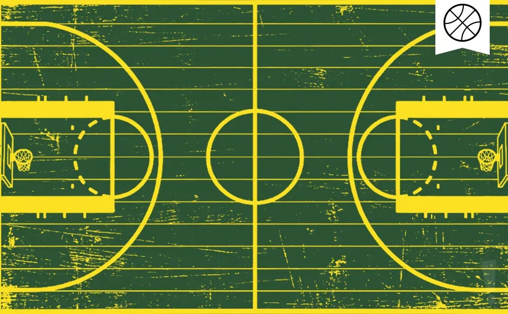A top-down view of a distressed, green basketball court with yellow lines and a basketball icon in the upper right corner.