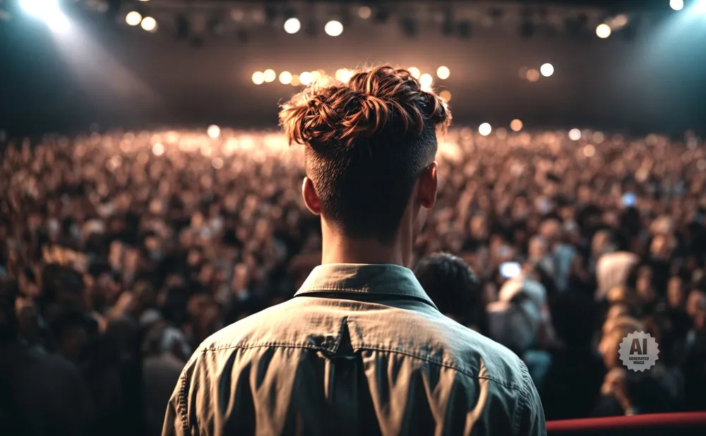 Man with trendy hairstyle facing a large, blurred audience at a concert or event, with stage lights in the background.