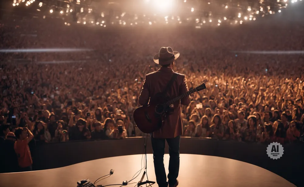 Musician in a hat and suit stands on stage with a guitar, facing a large, cheering crowd under bright lights.
