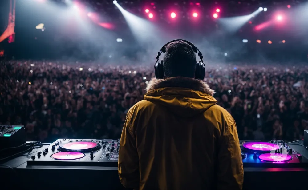 DJ in yellow jacket with headphones plays music on turntables to a cheering crowd at a concert.