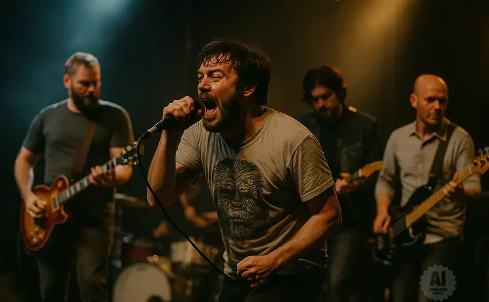 A male singer screams into a microphone while a band plays guitars behind him on a dimly lit stage.