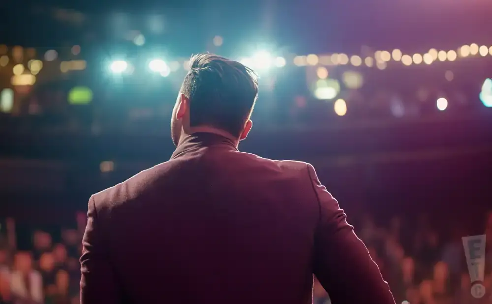 Man in a maroon suit facing away from the camera on a stage, with bright stage lights and an audience in the background.