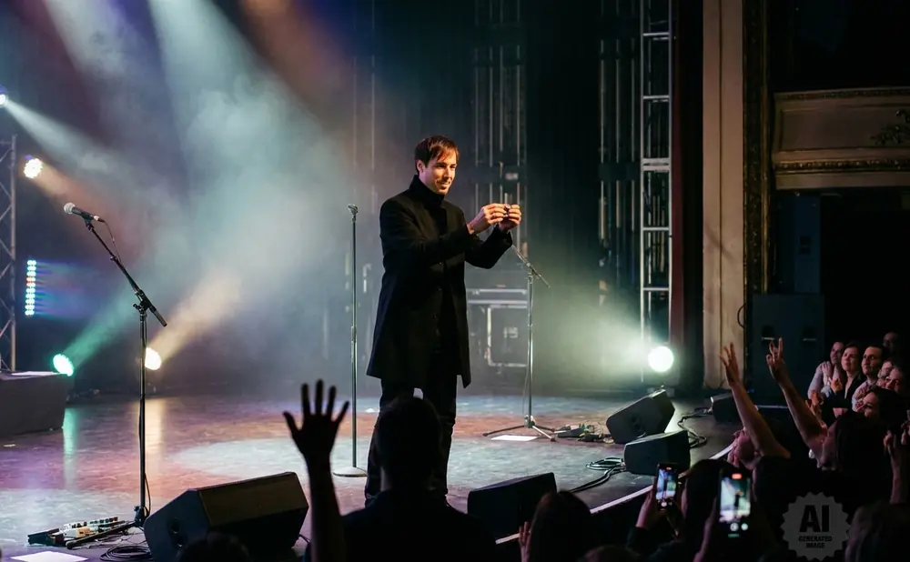 A magician on stage performing a trick for a crowd.