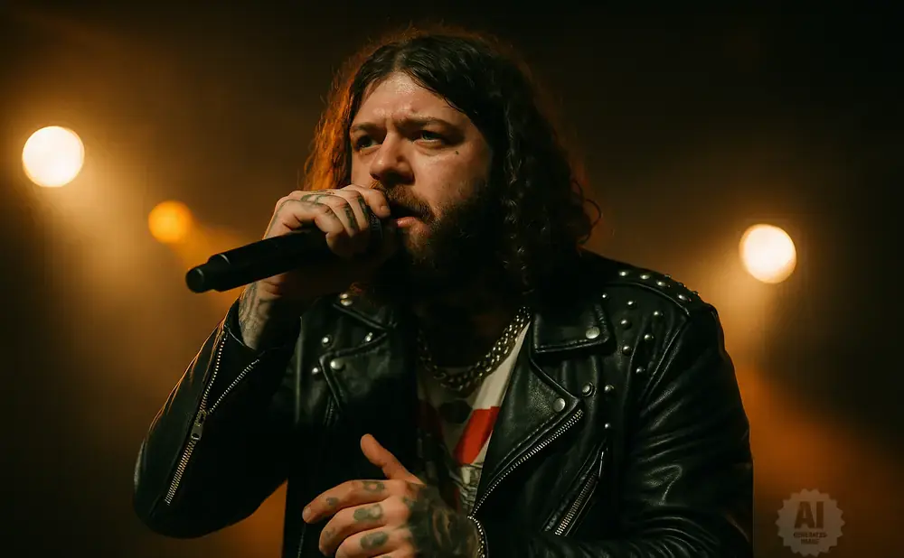 A man with long dark hair and a beard sings into a microphone, wearing a studded leather jacket and a gold chain.