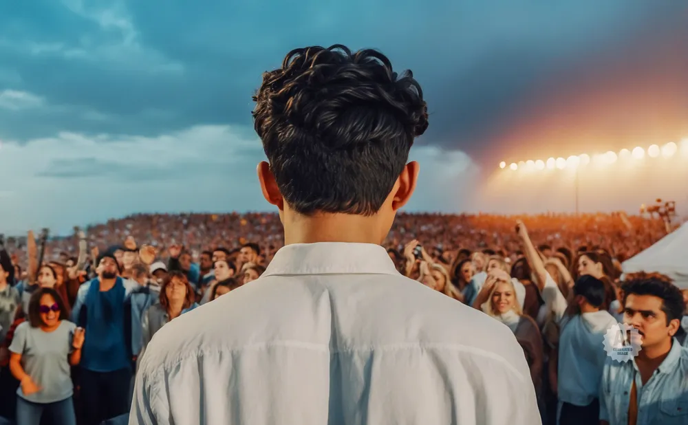 Back of a man's head with curly hair, facing a large, cheering crowd at a concert under a dramatic sky.