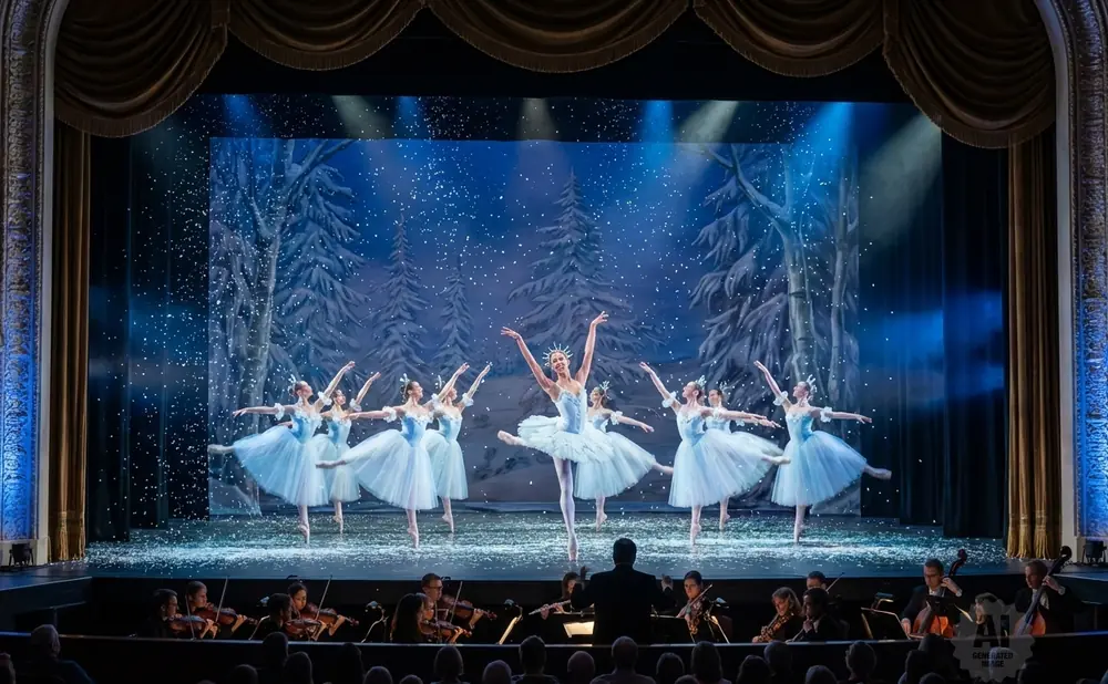 Ballet dancers perform on stage with an orchestra playing in the pit below.