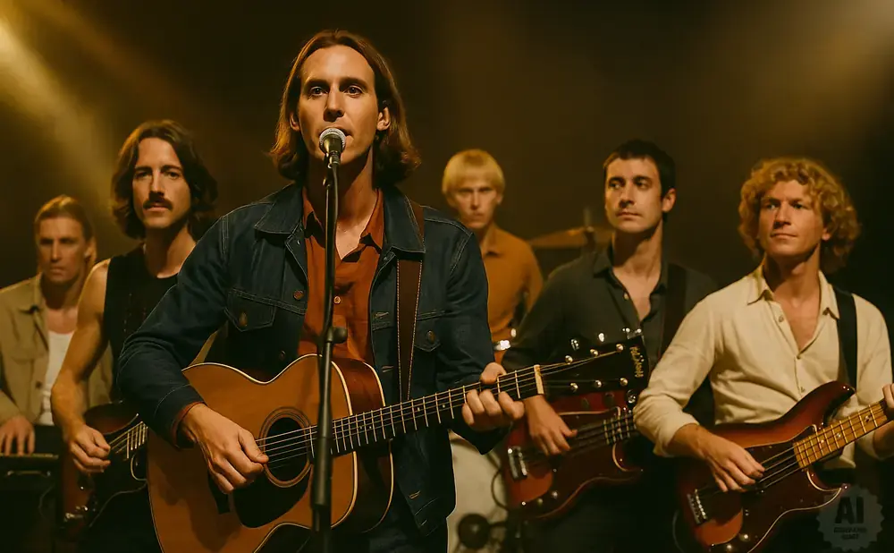 A band performs on stage with a lead singer playing guitar and singing into a microphone, surrounded by bandmates.