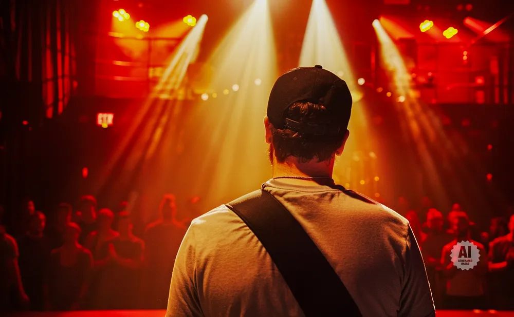 A man wearing a baseball cap stands with his back to the camera, facing a crowd and stage lights in a red-lit venue.
