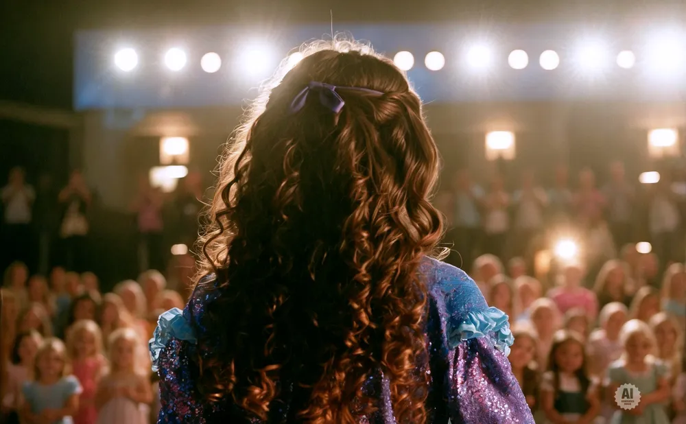 A girl with long, curly brown hair and a purple bow stands on stage, facing a blurred audience.