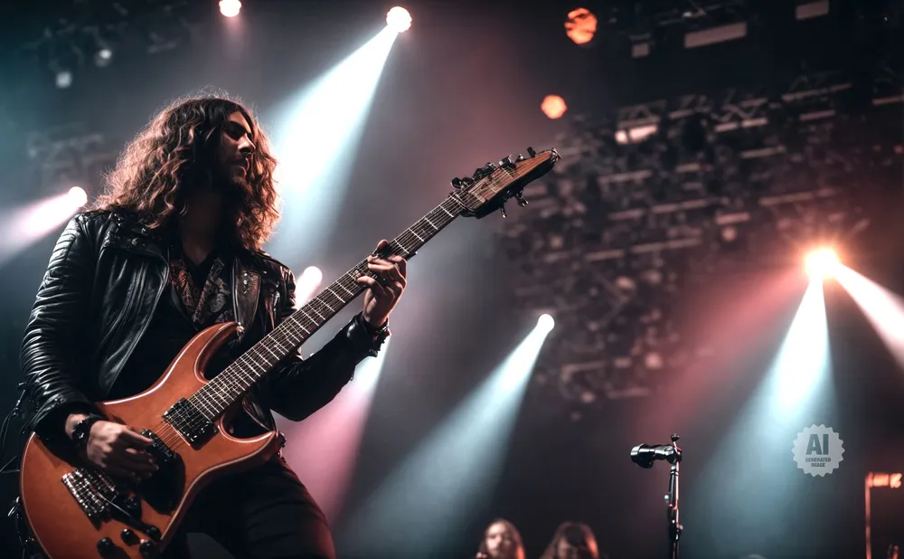 A male guitarist with long, curly hair plays an orange electric guitar on a stage with bright spotlights.