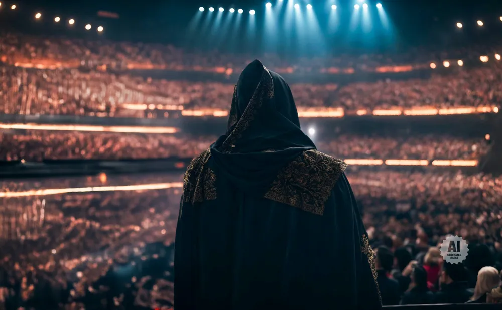 A person in a hooded cloak with ornate gold trim stands facing a stadium crowd.