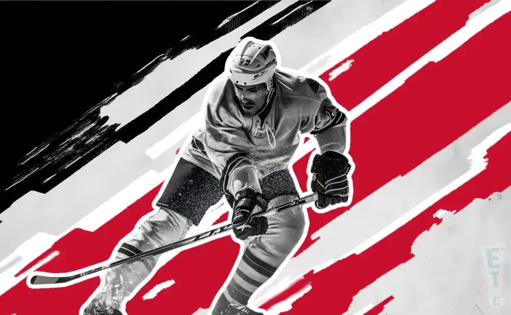 A black and white image of a hockey player in action against a red and white abstract background.