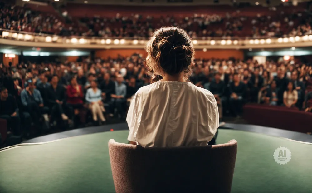 A woman in a white shirt sits in a chair, facing a large audience in a theater.