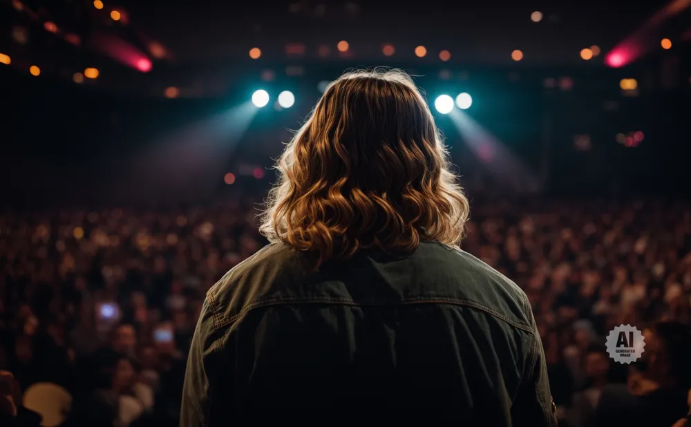Back view of a person with wavy blonde hair on stage facing a large audience in a concert venue.