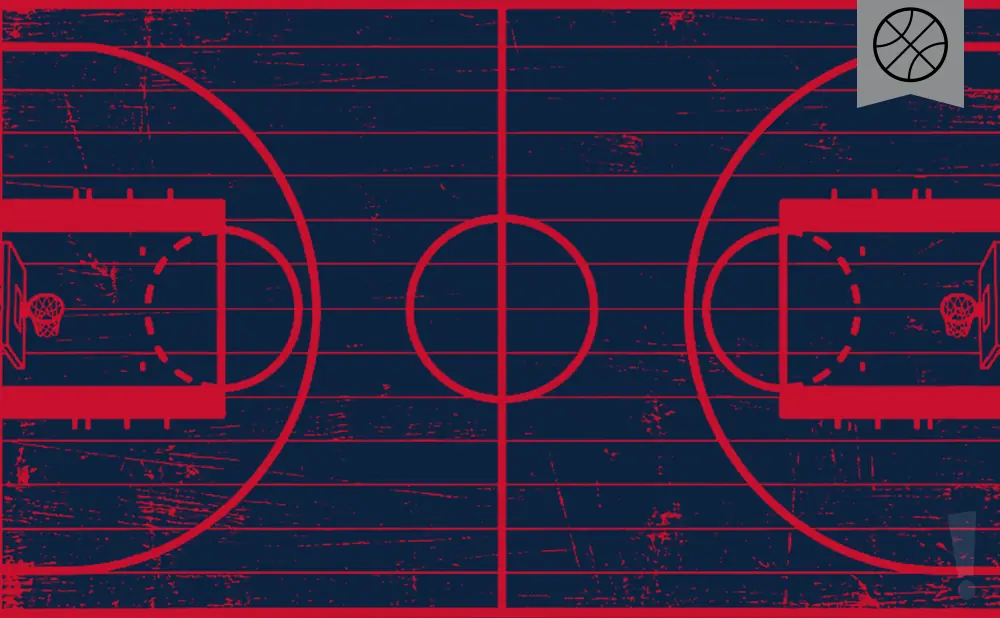 A dark blue basketball court with red lines and a red basketball logo in the upper right corner.