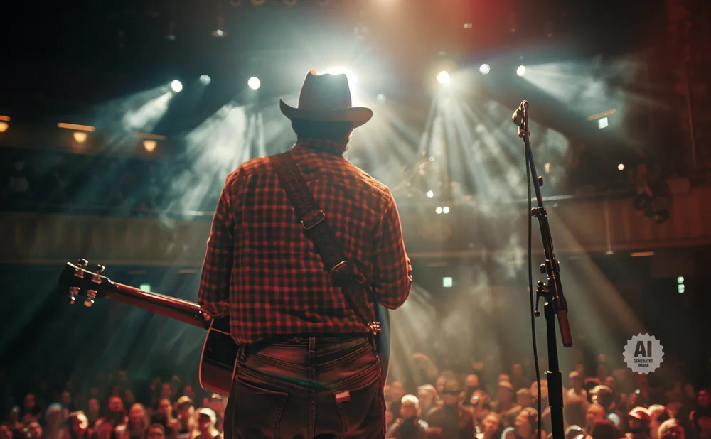 A musician in a cowboy hat and plaid shirt plays guitar on stage with spotlights and a crowd.