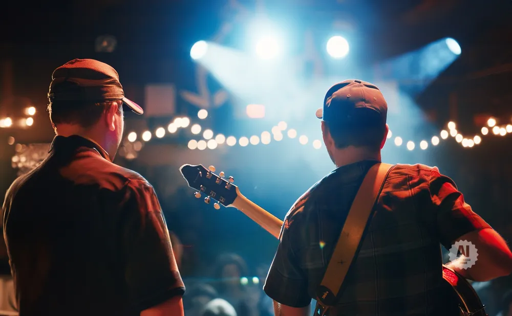 Musicians with caps play guitar on a stage lit by bright spotlights and string lights.