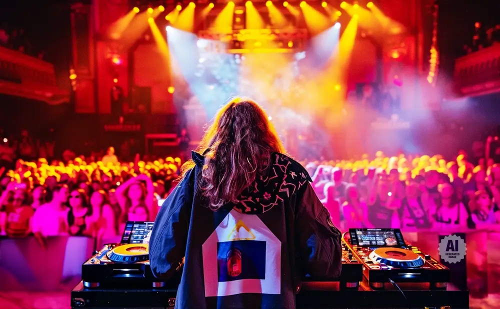 DJ with long hair plays music for a crowd at a lively concert with colorful stage lights.