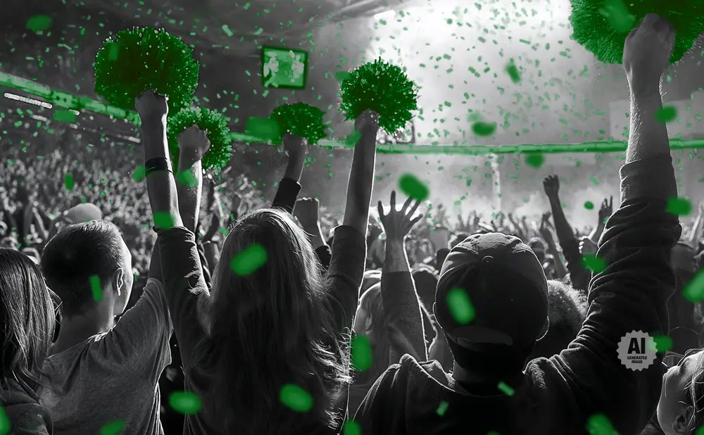 Crowd at a concert with green confetti and pom-poms, some hands raised in excitement.