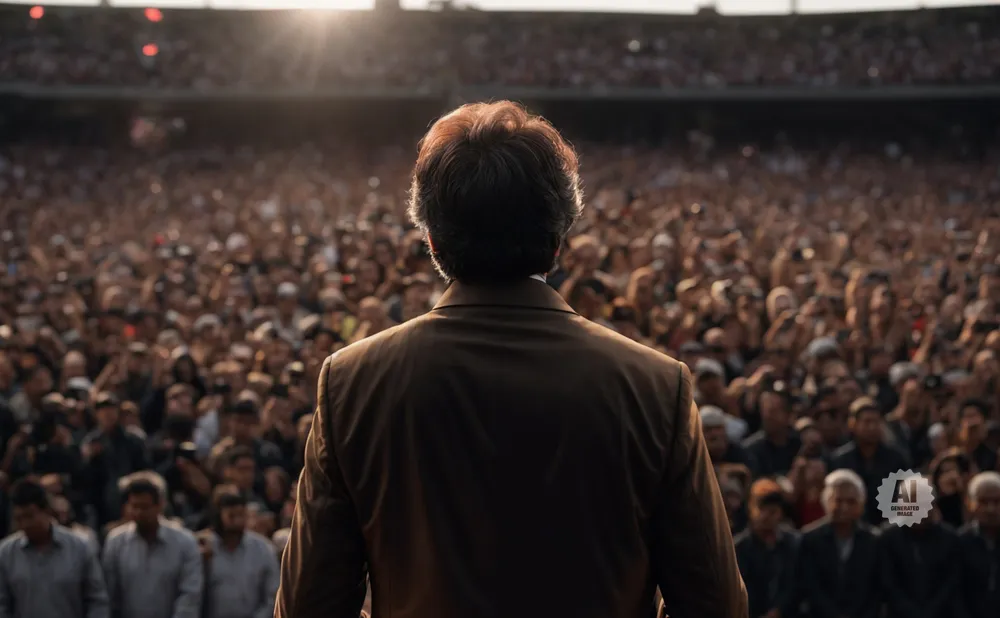 A man in a suit faces a large crowd in a stadium, lit by the sun.