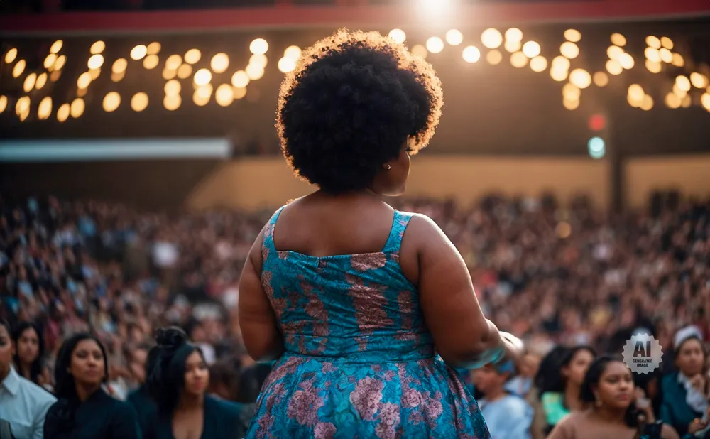 Woman with afro hairstyle in a blue floral dress faces away from the camera, speaking to a large, blurred audience under warm lights.