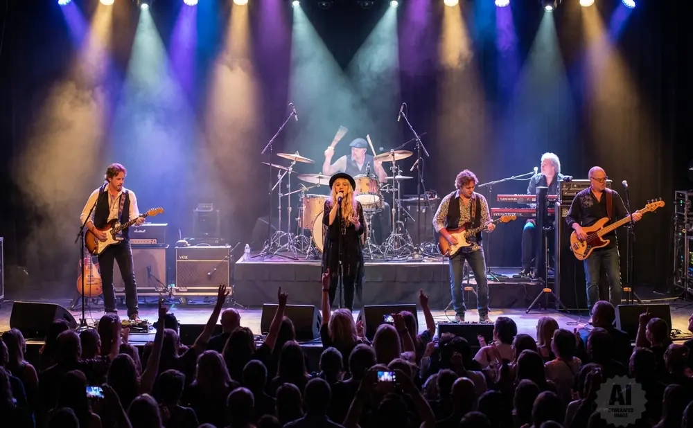A band performs live on stage under colorful spotlights, with a singer in front and an audience in the foreground.