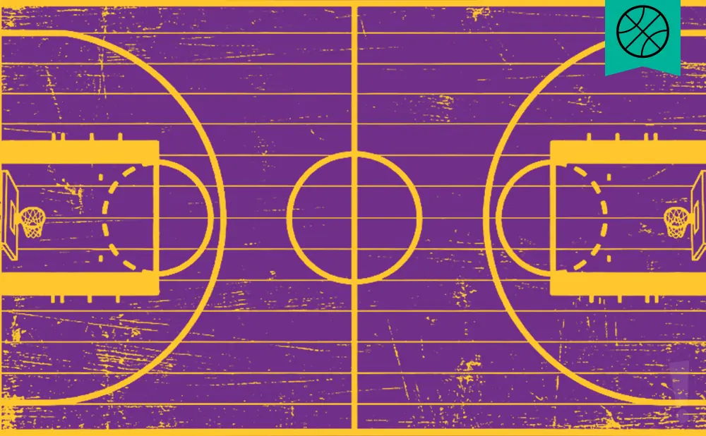 A purple and yellow graphic of a basketball court with a basketball icon in the upper right corner.