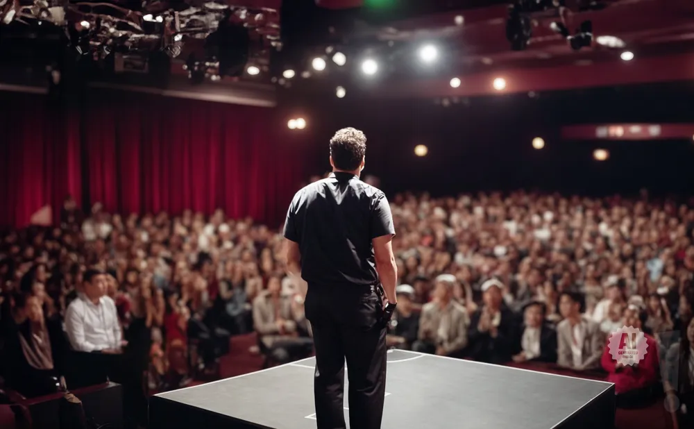 A man in a black shirt stands on a stage facing a large audience in a theater.