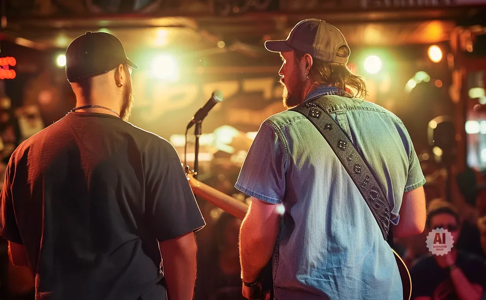 Two musicians with beards, one in a black t-shirt and the other in a denim shirt, stand facing away from the camera on a stage.
