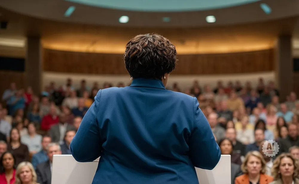 Woman in blue blazer speaks to a seated audience in an auditorium.