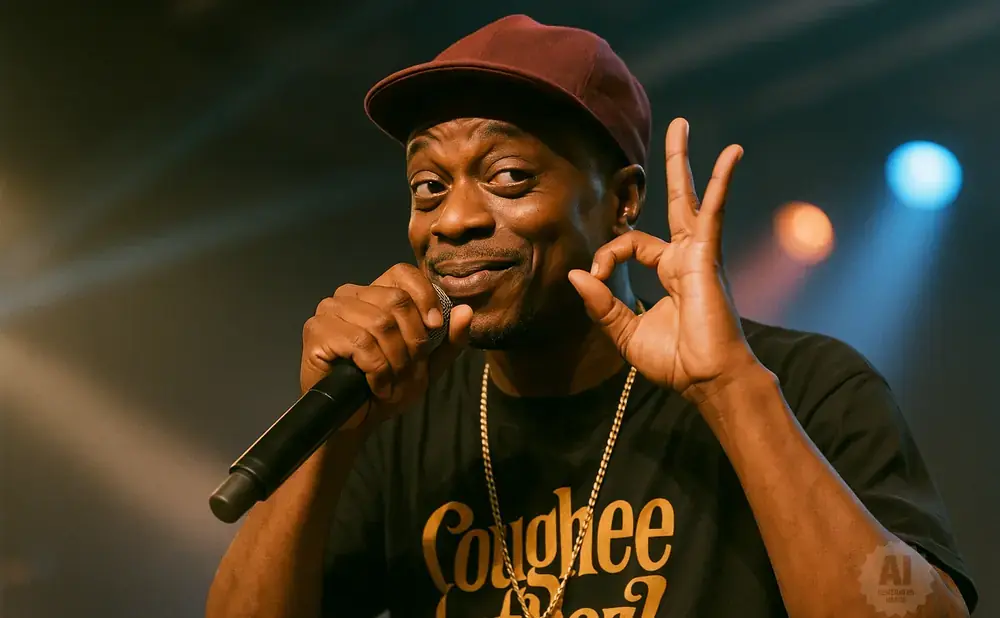 A man wearing a baseball cap and t-shirt holds a microphone and makes an 