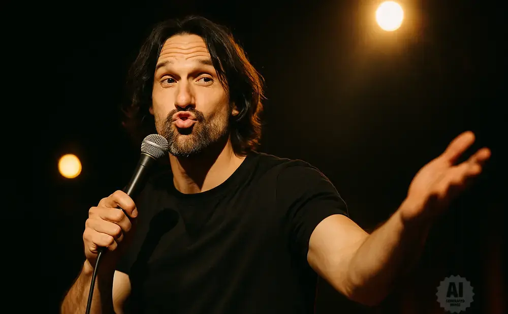 A man with dark hair and a beard holds a microphone and gestures with his right hand.