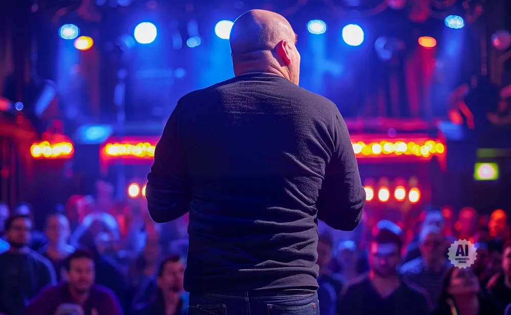 A bald man in a dark shirt stands facing away from the camera on a stage, with a crowd and colorful lights behind him.
