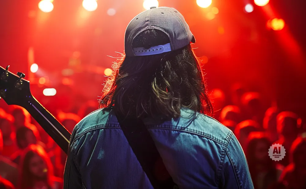 Musician wearing a denim jacket and baseball cap, facing away from the camera with a guitar, on a stage with red lighting.